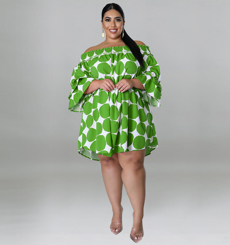 Plus size women’s short sleeve off-neck polka dot dress by MINDA, elastic waist, printed design, perfect for casual wear.