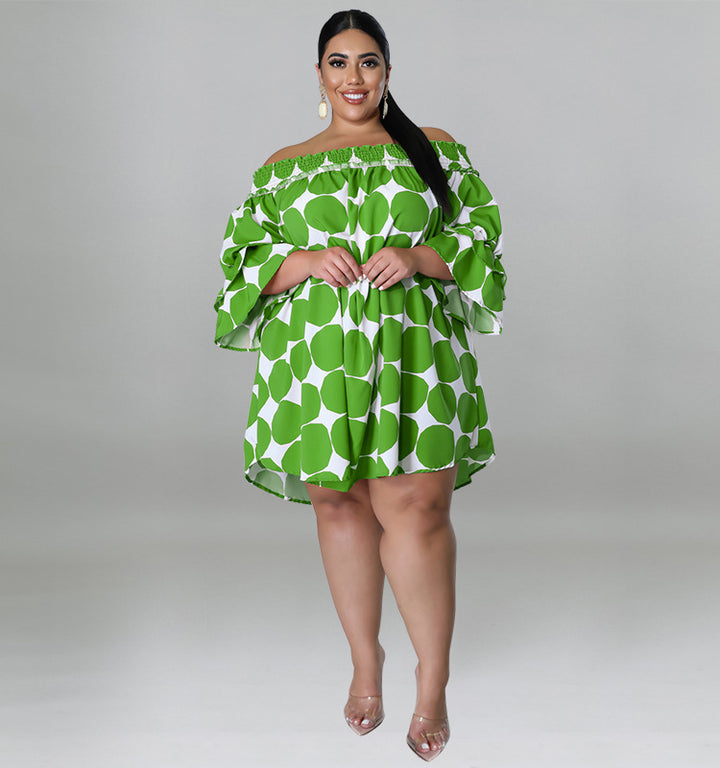 Plus size women’s short sleeve off-neck polka dot dress by MINDA, elastic waist, printed design, perfect for casual wear.