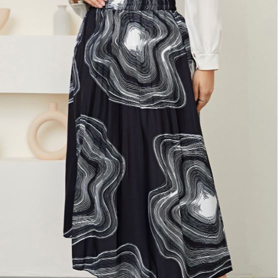 Plus Size  Skirt High Waist Retro Office Sheath Printed Pleated Skirt