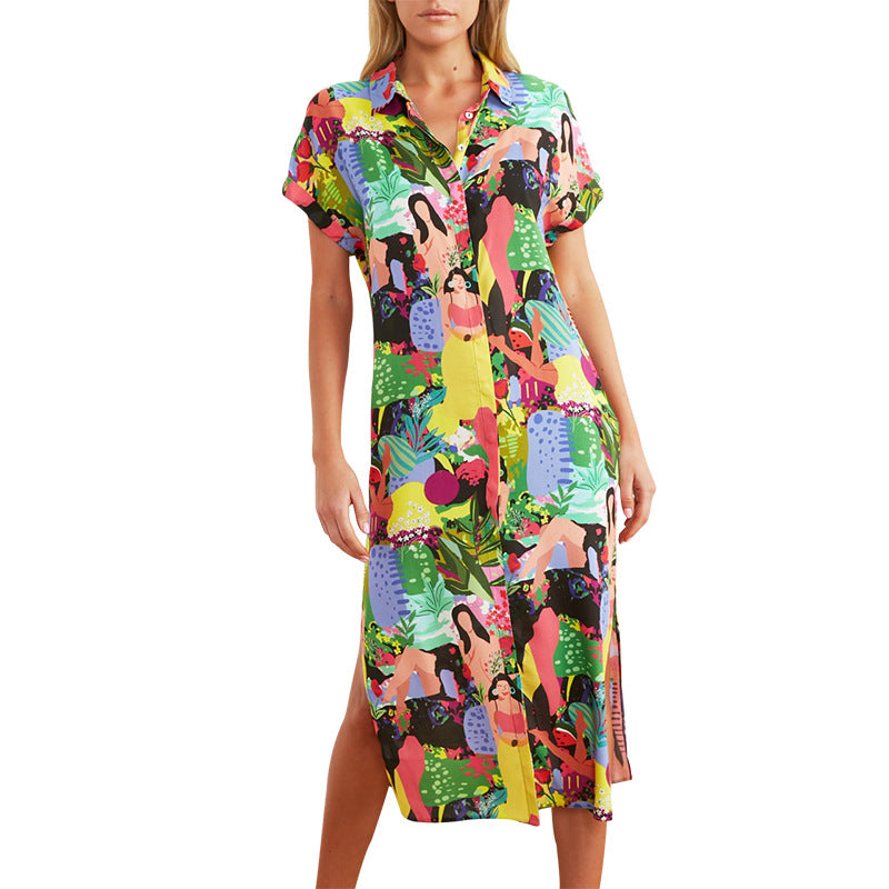 V-neck print short sleeve temperament commuter split dress FashionExpress