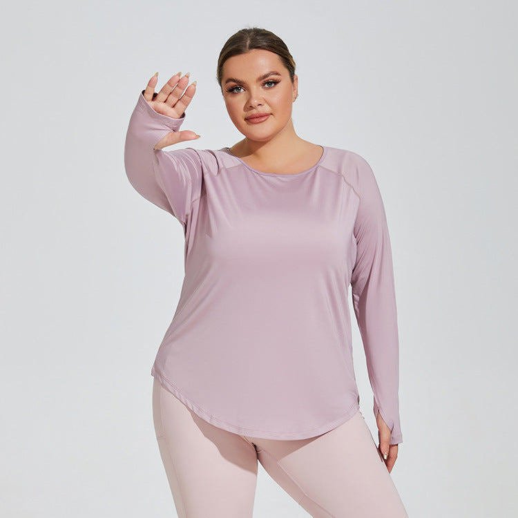 Plus Size Loose Thigh Length Thin Yoga Wear Mesh Beauty Back Breathable Long Sleeve Running Fitness Top Sportswear