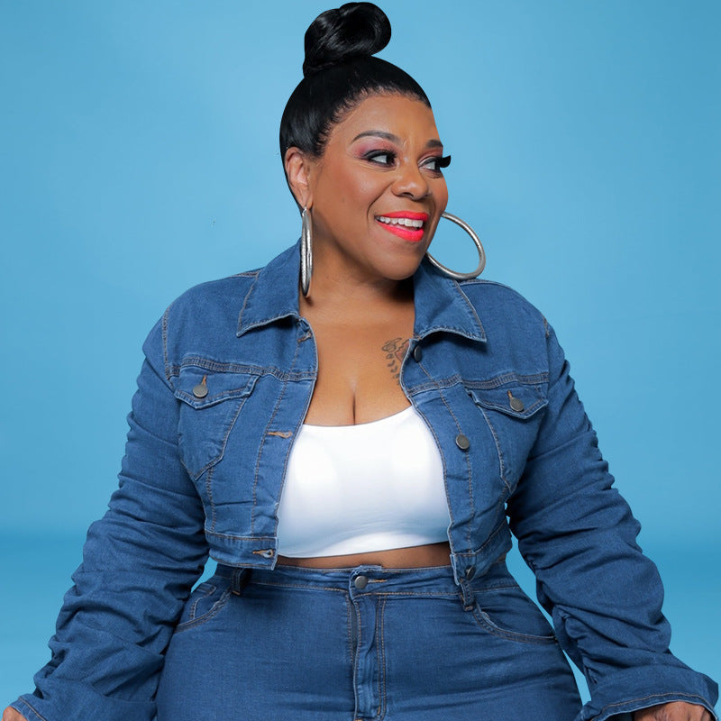 Plus Size Plus Size Women Clothing Autumn Winter Denim Two-Piece Suit Pleated Pile Pants