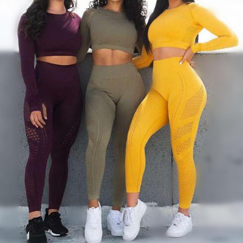 Women's Yoga hollow out top pants elastic thin long sleeve quick drying women's Capris two-piece suit FashionExpress