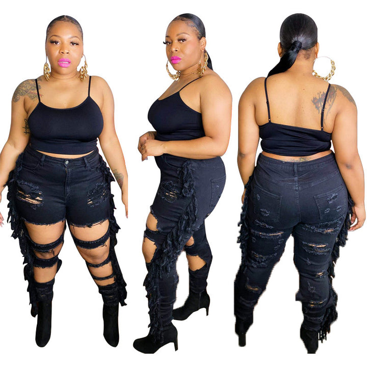 Plus Size Ripped Tassel Tight Street  Women Jeans - Rswank