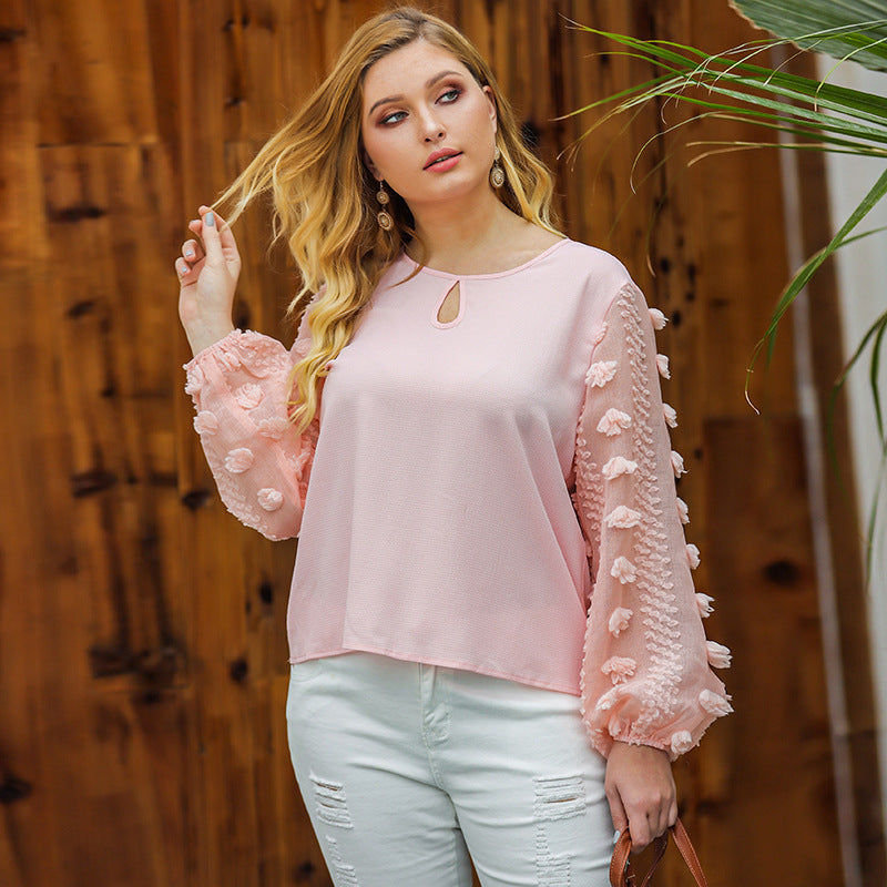 Plus Size Spring Summer Women Clothing T shirt Sweet Pink Lantern Sleeve Chiffon Shirt