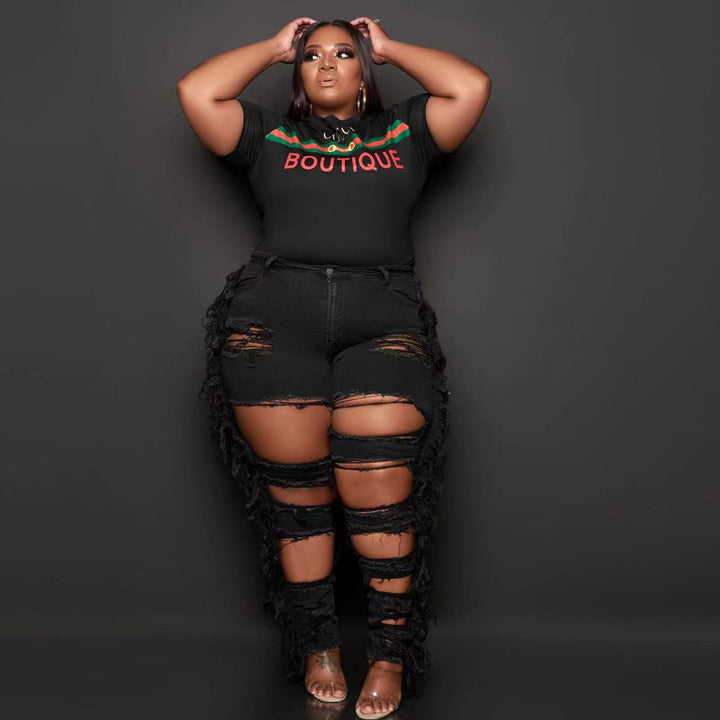 Plus Size Ripped Tassel Tight Street  Women Jeans - Rswank