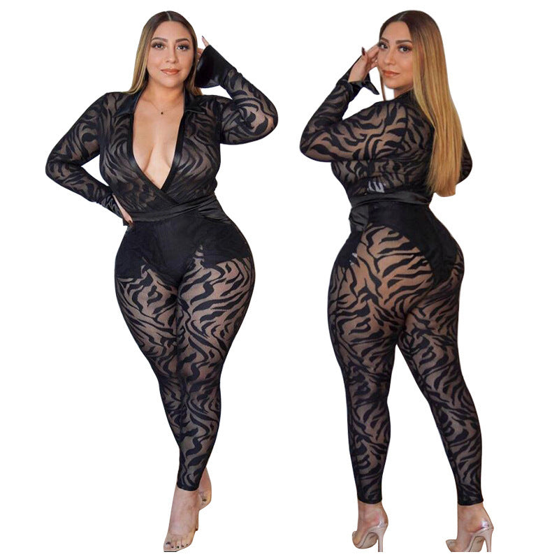 Plus Size Women Clothing Sexy See-through Polyester Mesh Flocking Striped Tight Casual Two-Piece Suit