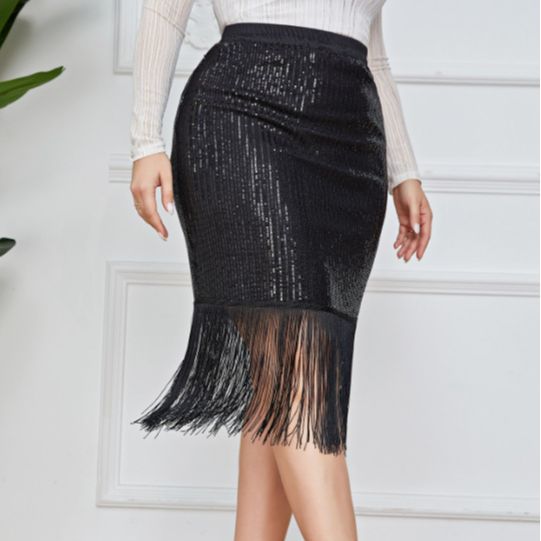 Plus Size High Waist Retro Office Sheath Sequined Tassel Skirt