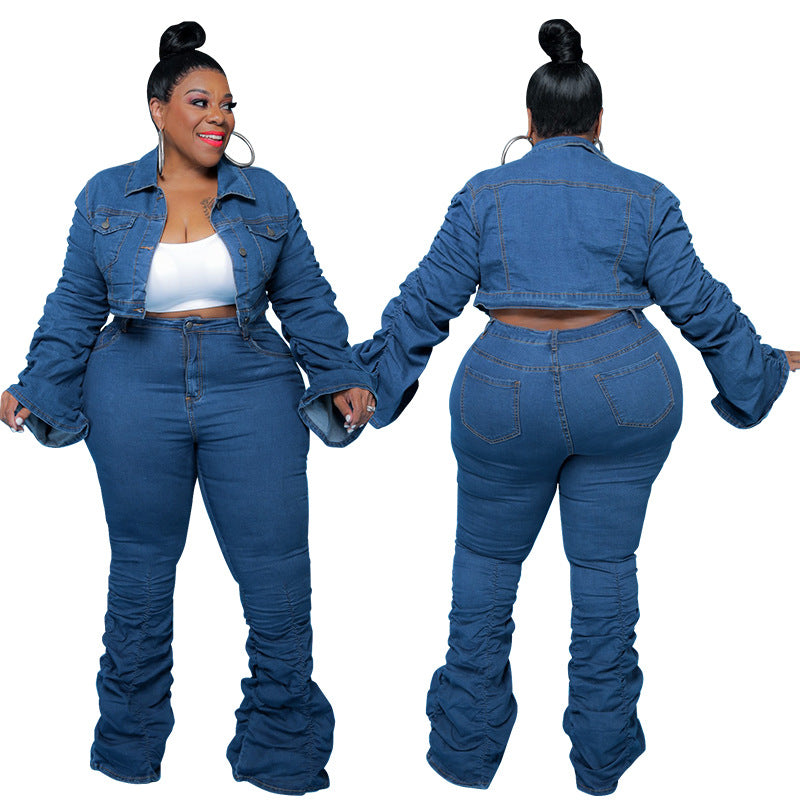 Plus Size Plus Size Women Clothing Autumn Winter Denim Two-Piece Suit Pleated Pile Pants