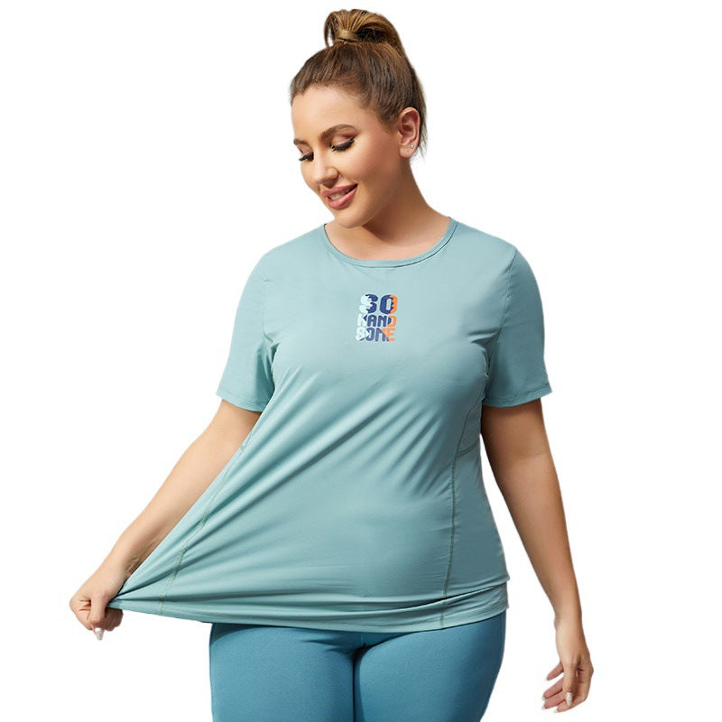 Plus Size Mesh Breathable Sports  T-shirt Quick-Drying Sweat Absorbent Yoga Jacket Solid Color Printing Fitness Short Sleeve