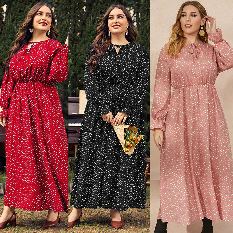 Plus Size Women Dress Polka-Dot Loose-Fitting  Girls Long Sleeve Dress