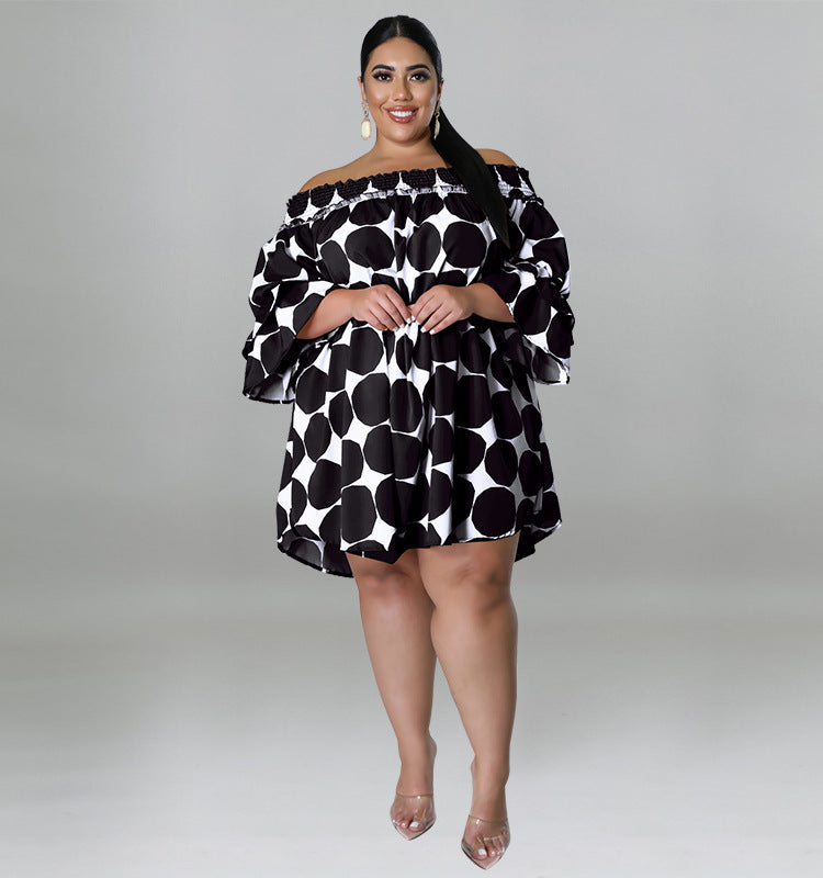 Plus Size Women Clothes Short Sleeve off Neck Elastic Printed Polka Dot Dress