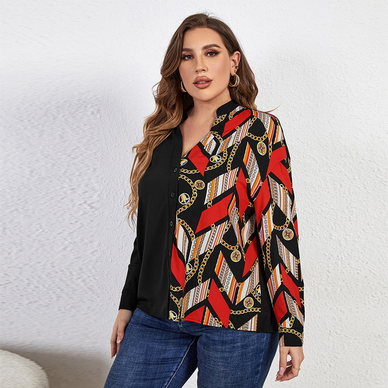 Plus Size Loose Women Long-Sleeved Printed Top