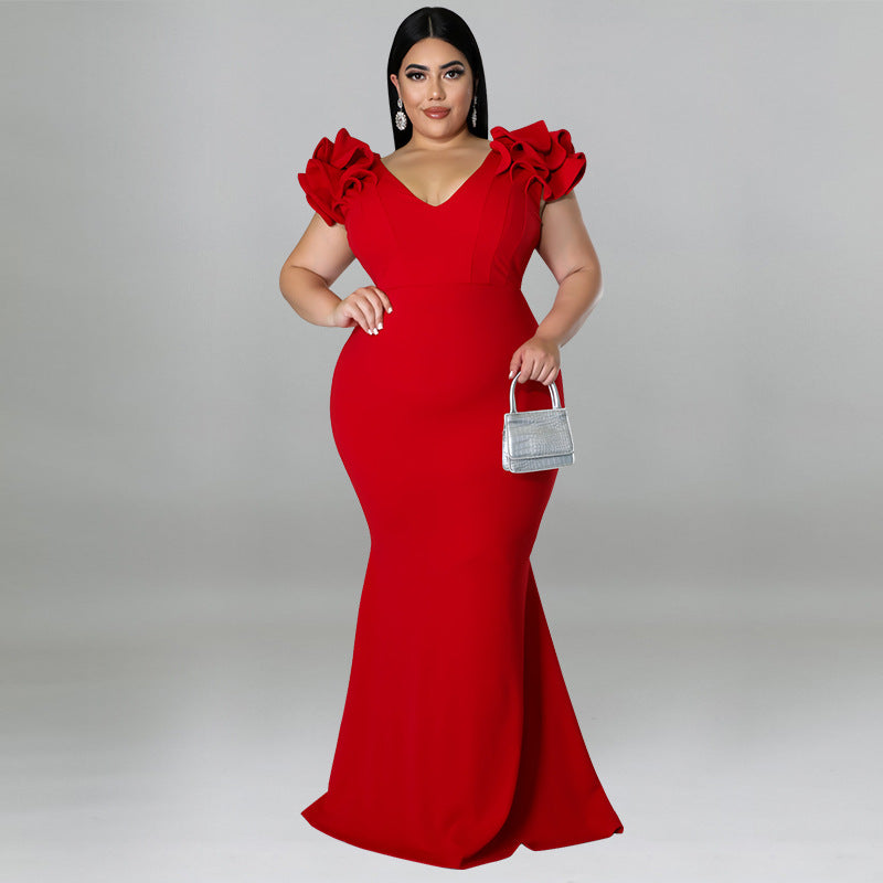 Plus Size Women Summer Sexy Ruffle Sleeve Sheath Backless Dress