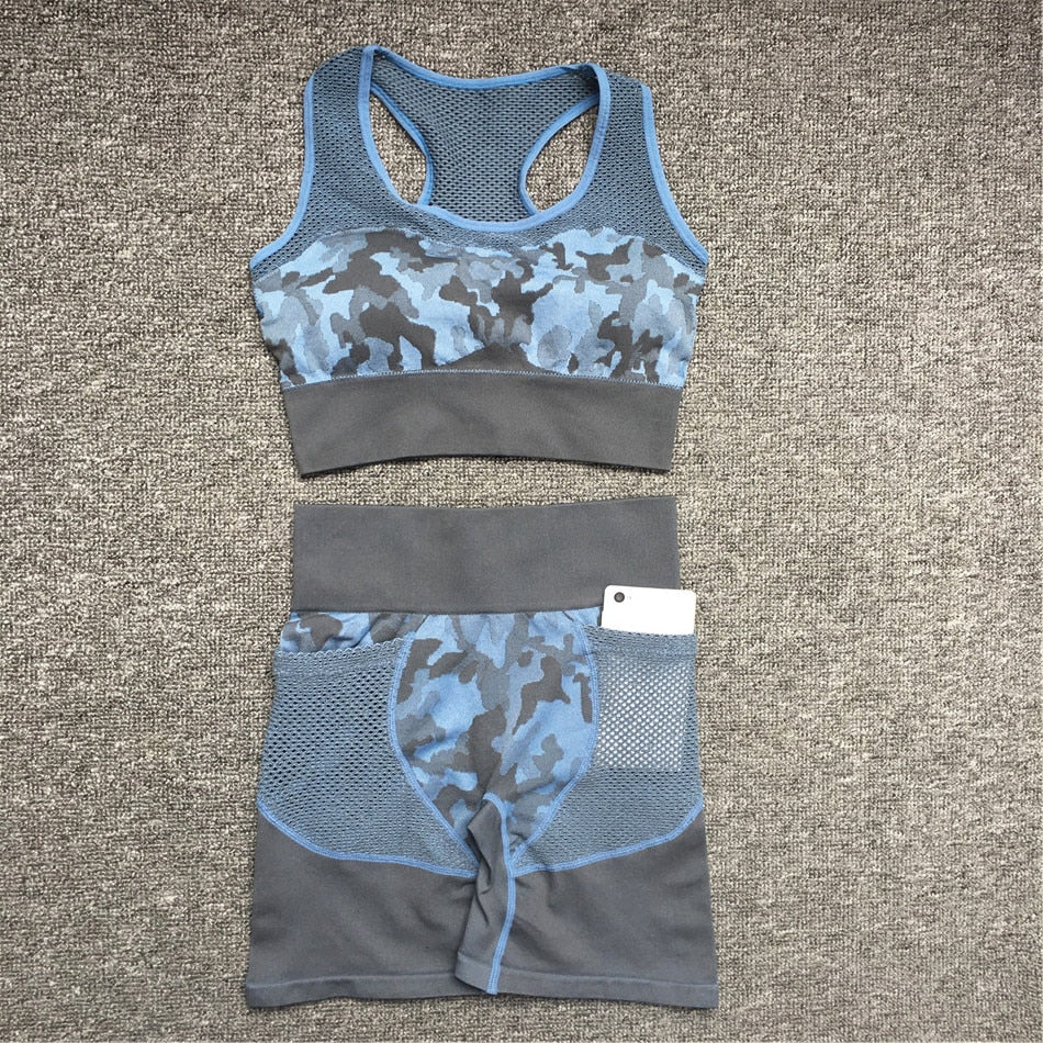 2PCS Camouflage Set Women Yoga Suit Sport Set Gym Workout Clothes Long Sleeve Fitness Crop Top High Waist Seamless Rswank