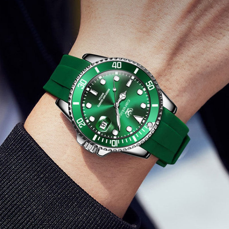 POEDAGAR Top Brand Luxury Fashion Silicone Strap Green Dial Diver Watch Men Waterproof Date Quartz Clock Gift Rswank