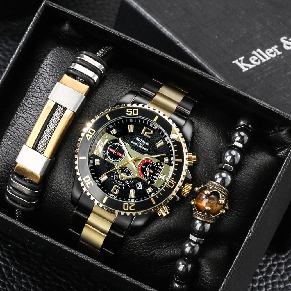 New Business Men's Watch Gift Three Piece Set Calendar Men's Quartz Watch  Reloj De Hombre Rswank