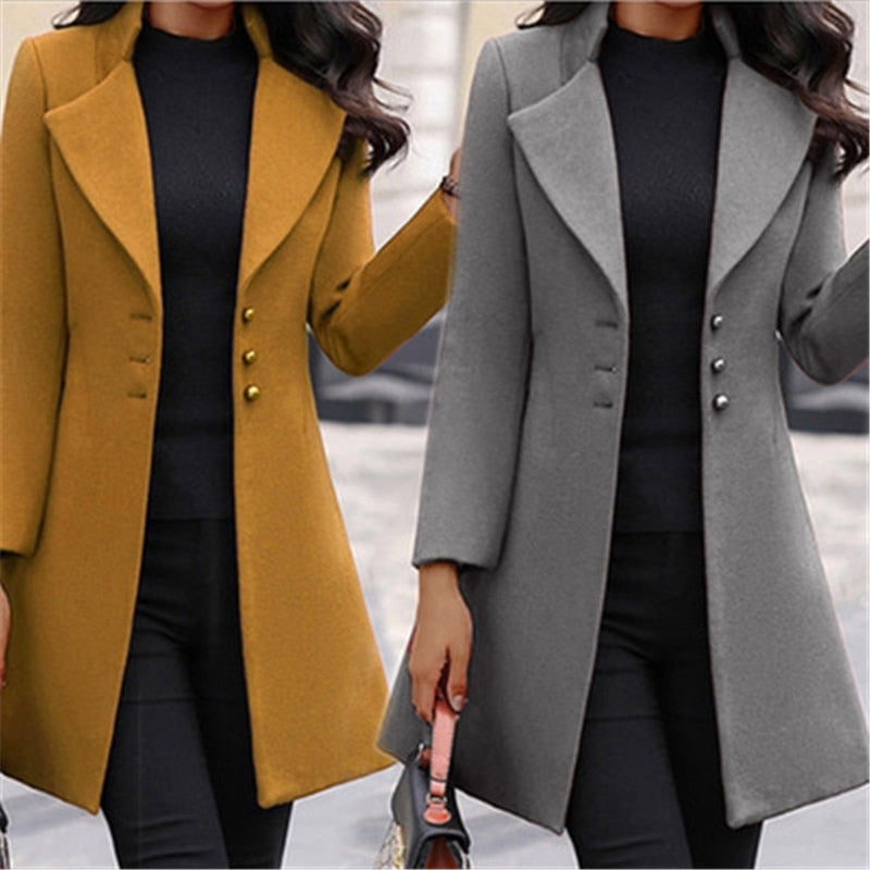 2022 Autumn Winter New Woolen Coat Women Yellow Black Stand Collar Rswank