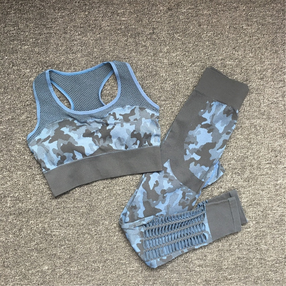 2PCS Camouflage Set Women Yoga Suit Sport Set Gym Workout Clothes Long Sleeve Fitness Crop Top High Waist Seamless Rswank