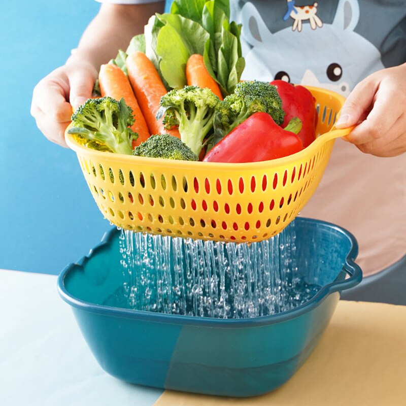 Multifunctional Drain Basket Household Double-Layer Vegetable Washing Basket Six-Piece Creative Kitchen Fruit Basin Gadgets Rswank