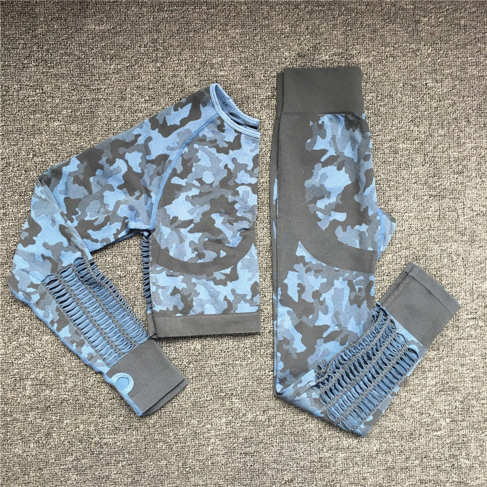 2PCS Camouflage Set Women Yoga Suit Sport Set Gym Workout Clothes Long Sleeve Fitness Crop Top High Waist Seamless Rswank