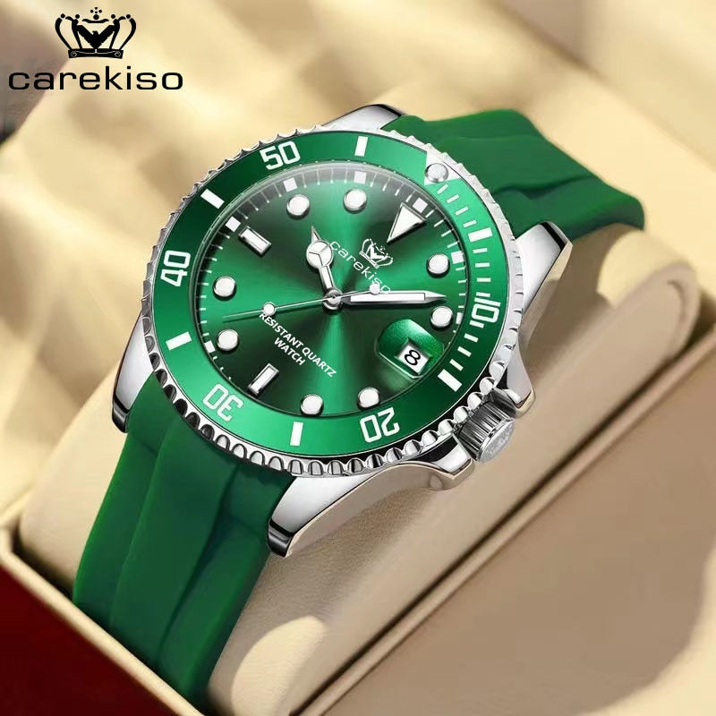 POEDAGAR Top Brand Luxury Fashion Silicone Strap Green Dial Diver Watch Men Waterproof Date Quartz Clock Gift Rswank