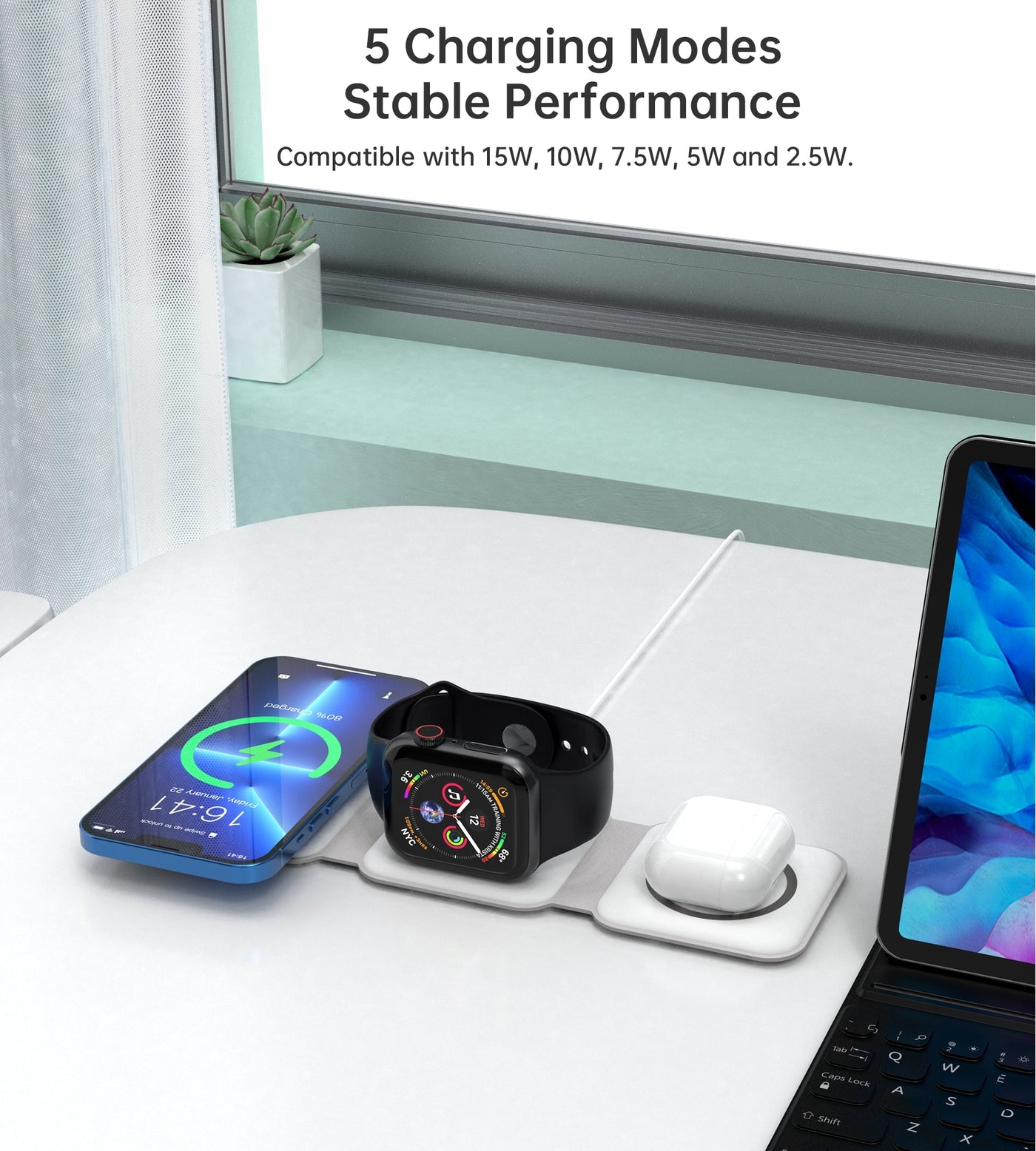 CHOETECH T588-F-WH 3-in-1 Foldable Fast Wireless Charger for Phone/Watch/Earphone