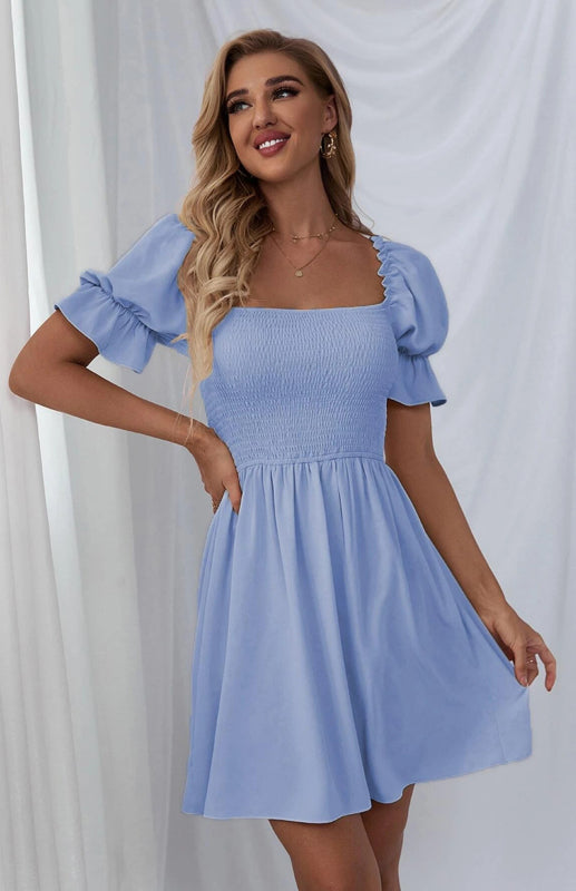 Women's Puff Sleeve Short Sleeve Solid Color Dress kakaclo