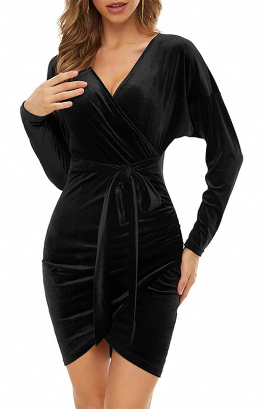 Sexy Velvet V-Neck Slim-Fit Split Cocktail Party Long-Sleeved Dress kakaclo