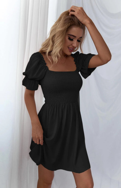 Women's Puff Sleeve Short Sleeve Solid Color Dress kakaclo