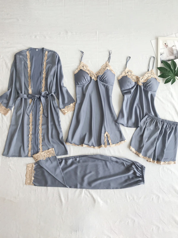 Women's Lace & Satin Chemise Pajama Set Robe 5 Piece Set kakaclo