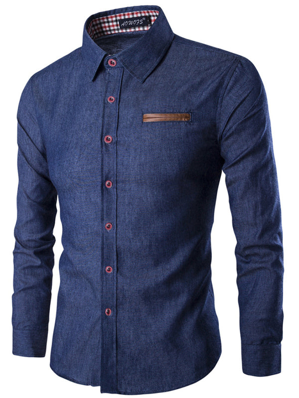 Men’s Solid Color Contrast Collar Long Sleeve Denim Shirt kakaclo