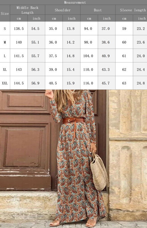 Ladies V-Neck Long Sleeve Printed Long Dress