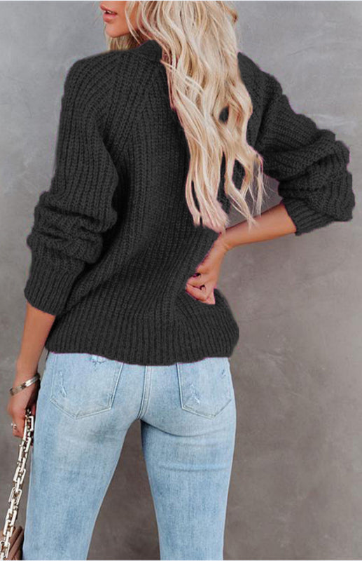 Solid V-Neck Single Breasted Long Sleeved Sweater kakaclo