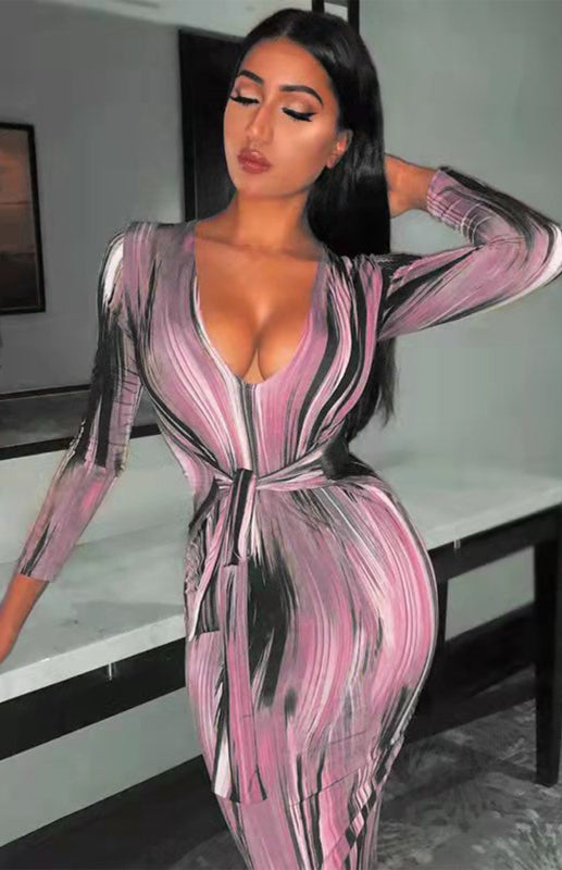 Sexy Printed Long-Sleeved V-Neck Dress kakaclo
