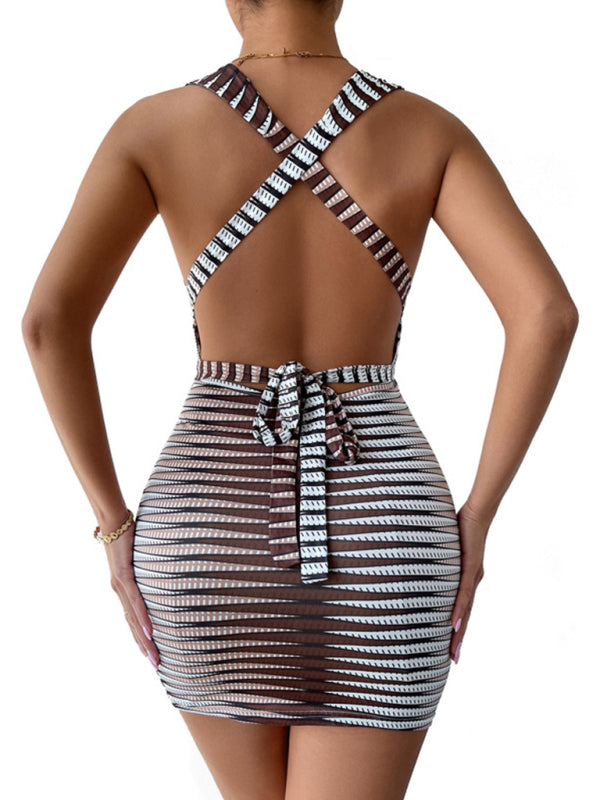 Women's striped straps, sleeveless off -back dress kakaclo