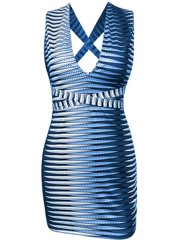 Women's striped straps, sleeveless off -back dress kakaclo