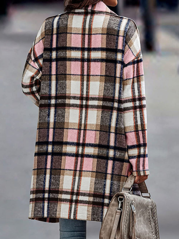 Women’s Button Front Long Sleeve Plaid Print Detail Long Blazer Coat kakaclo