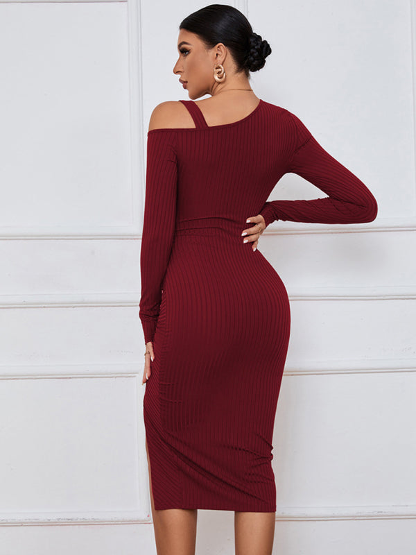 Women’s Long Sleeve Off The Shoulder Neckline Dress With Extra Strap And Front Thigh Leg Slit kakaclo