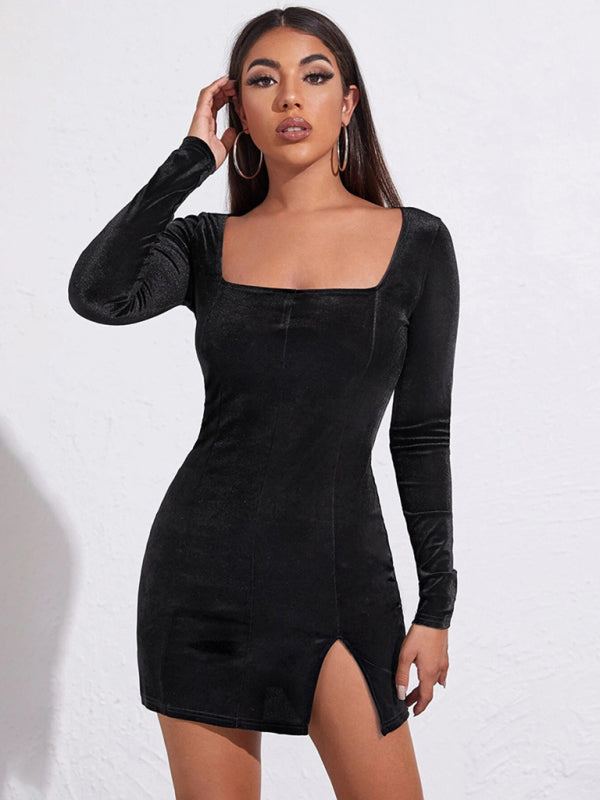 Women’s Square Neckline Long Sleeves Velvet Slit Minidress kakaclo