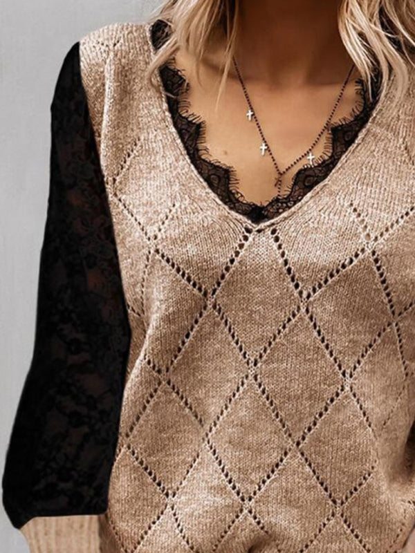 Knitted Lace Bottom Top Sexy V Neck Fashion Versatile Rhombus Sweater Women kakaclo