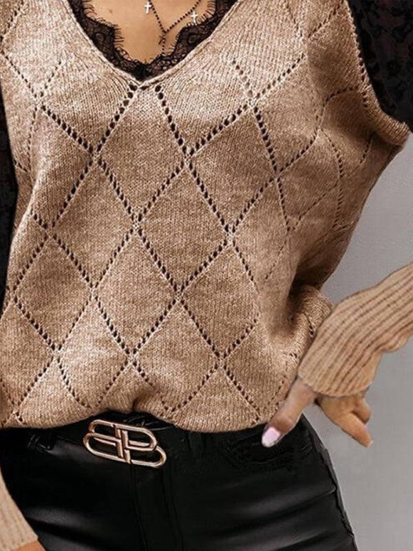 Knitted Lace Bottom Top Sexy V Neck Fashion Versatile Rhombus Sweater Women kakaclo