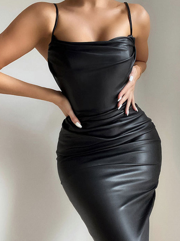 Women’s Sexy Minimalist Faux Leather Bodycon Dress With Straight Pleated Neckline kakaclo