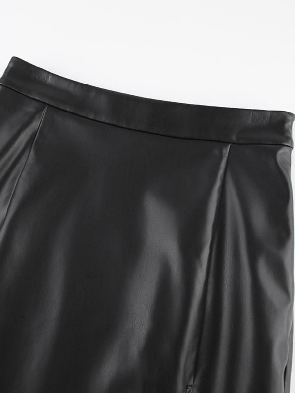 Women’s Solid Color Front Slit Faux Leather Midi Pencil Skirt kakaclo
