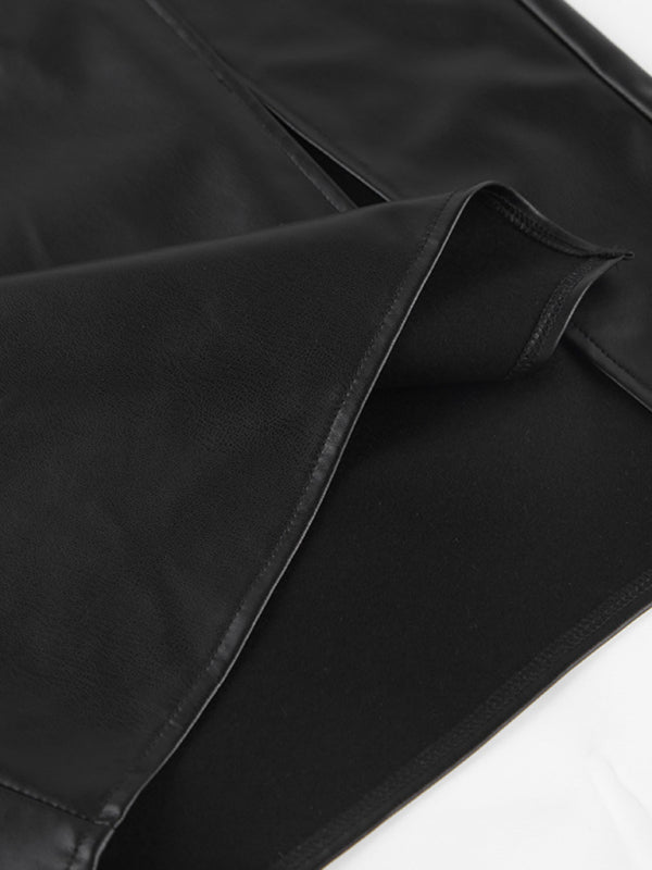 Women’s Solid Color Front Slit Faux Leather Midi Pencil Skirt kakaclo