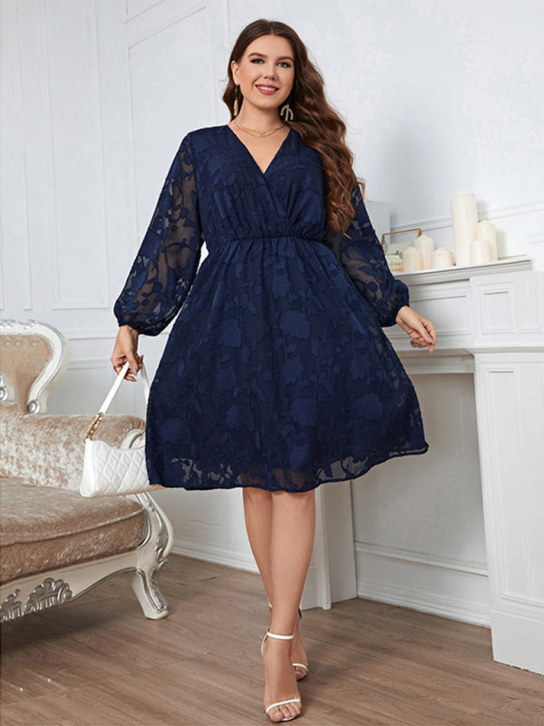 Women’s Plus Size Solid Color Lace Puff Long Sleeve V Neck Mademoiselle Lace Midi Dress kakaclo