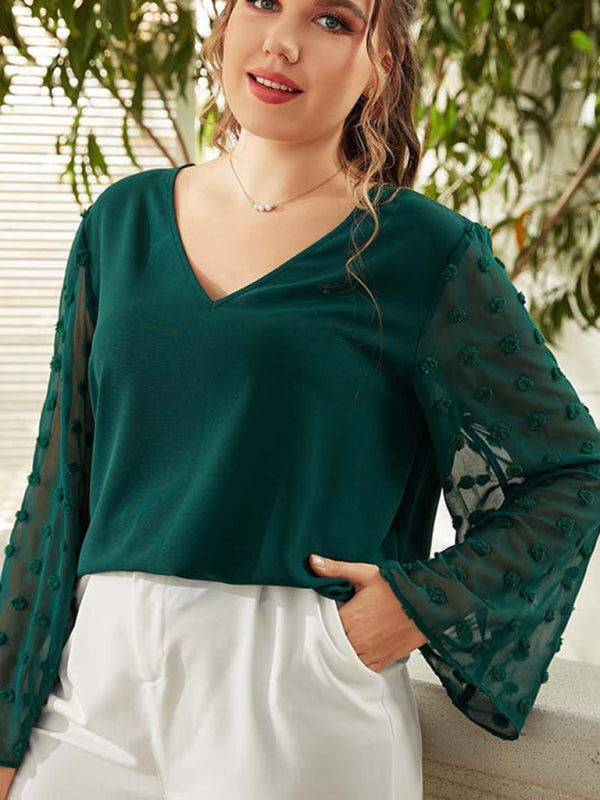 Women's Plus Size Solid Color Lace Polka Pot Sleeve V Neck Blouse kakaclo