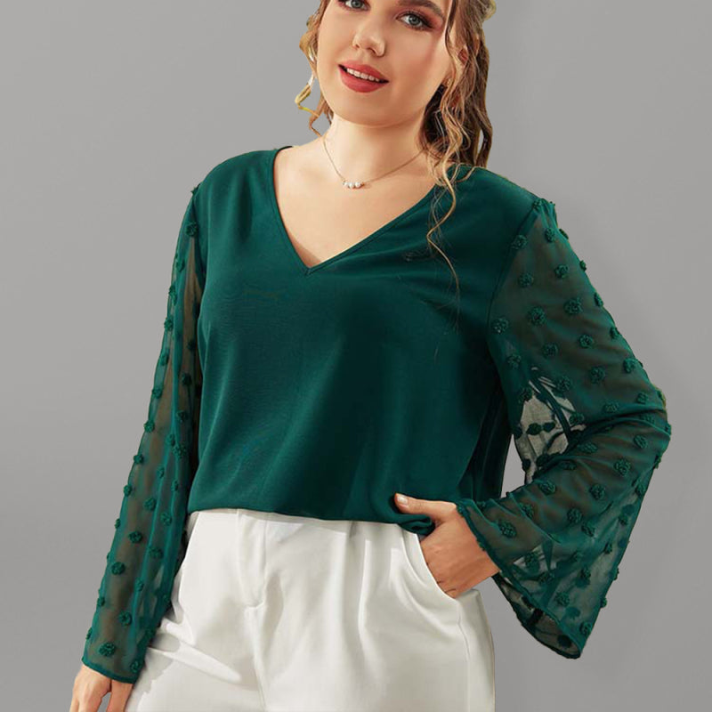 Women's Plus Size Solid Color Lace Polka Pot Sleeve V Neck Blouse kakaclo
