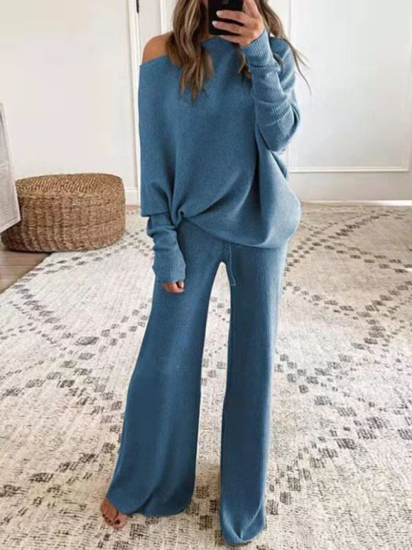 Women's Solid Color Off The Shoulder Ribbed Wide Legs Pants Sweater Set kakaclo