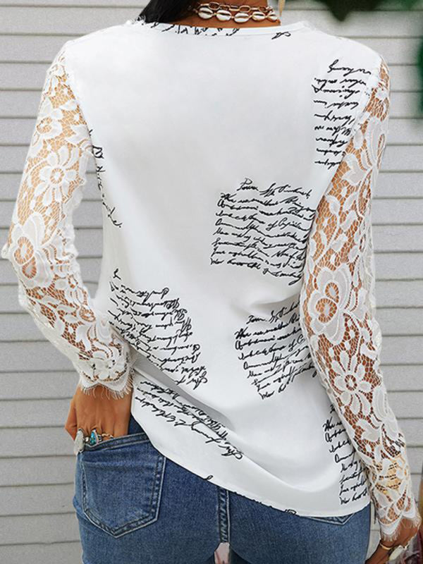 Women's Sexy Trim Lace Printed Long Sleeve Shirt kakaclo